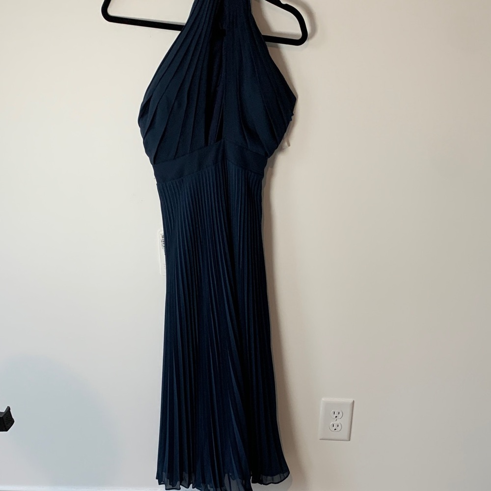 JJs House Navy One-Shoulder Pleated Midi Dress twist halter bodice M NWT